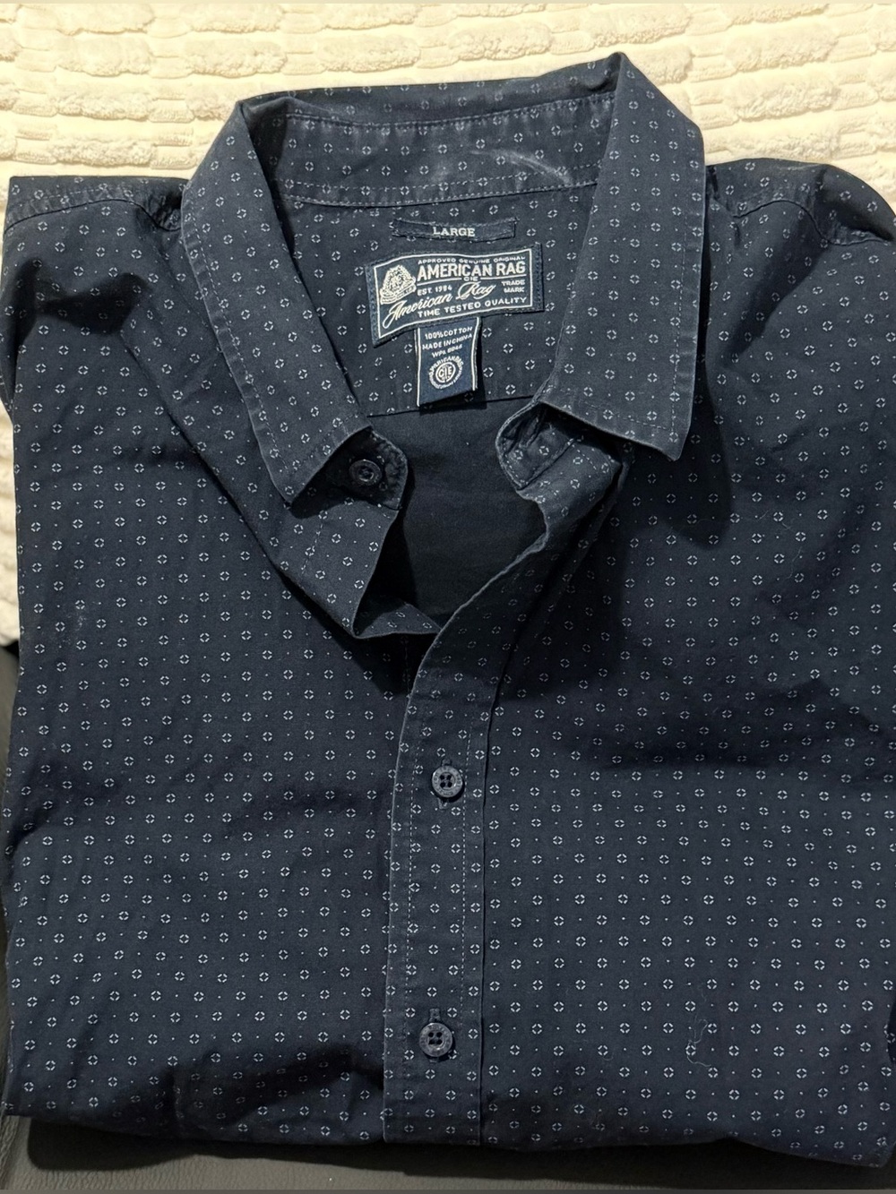 American Rag Button Down Shirt – Navy Geometric Print – Men's Large